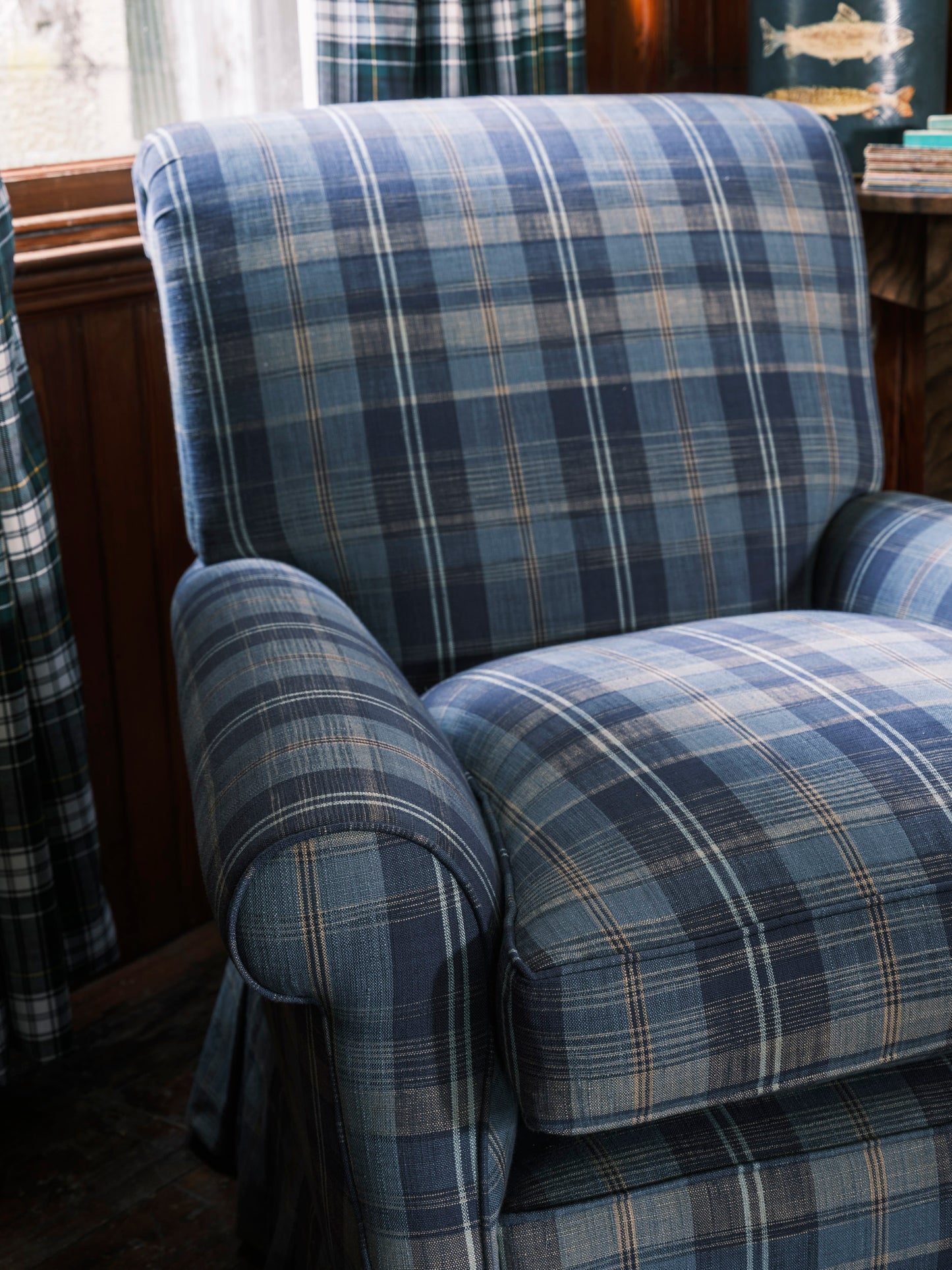 Large Upholstered Plaid Armchair