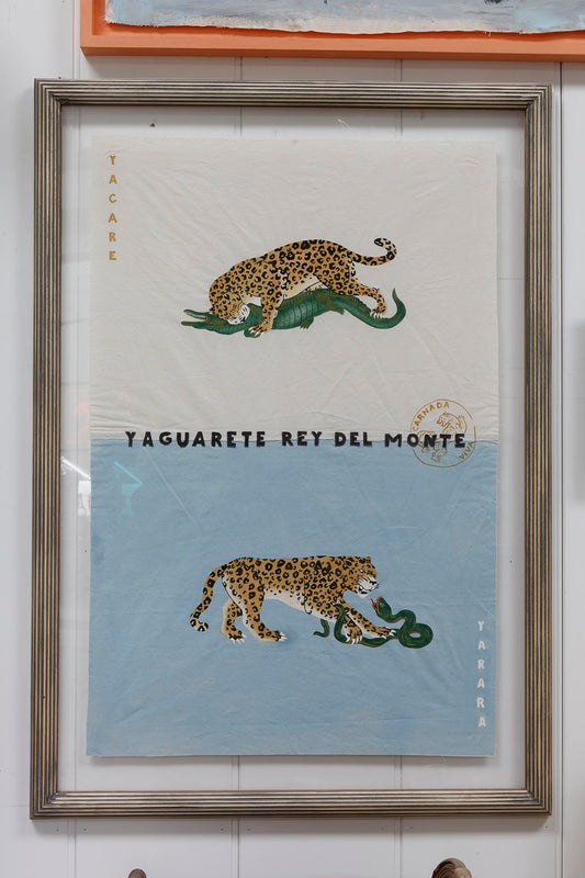 "Yaguarete" Large hand painted decorative flag framed