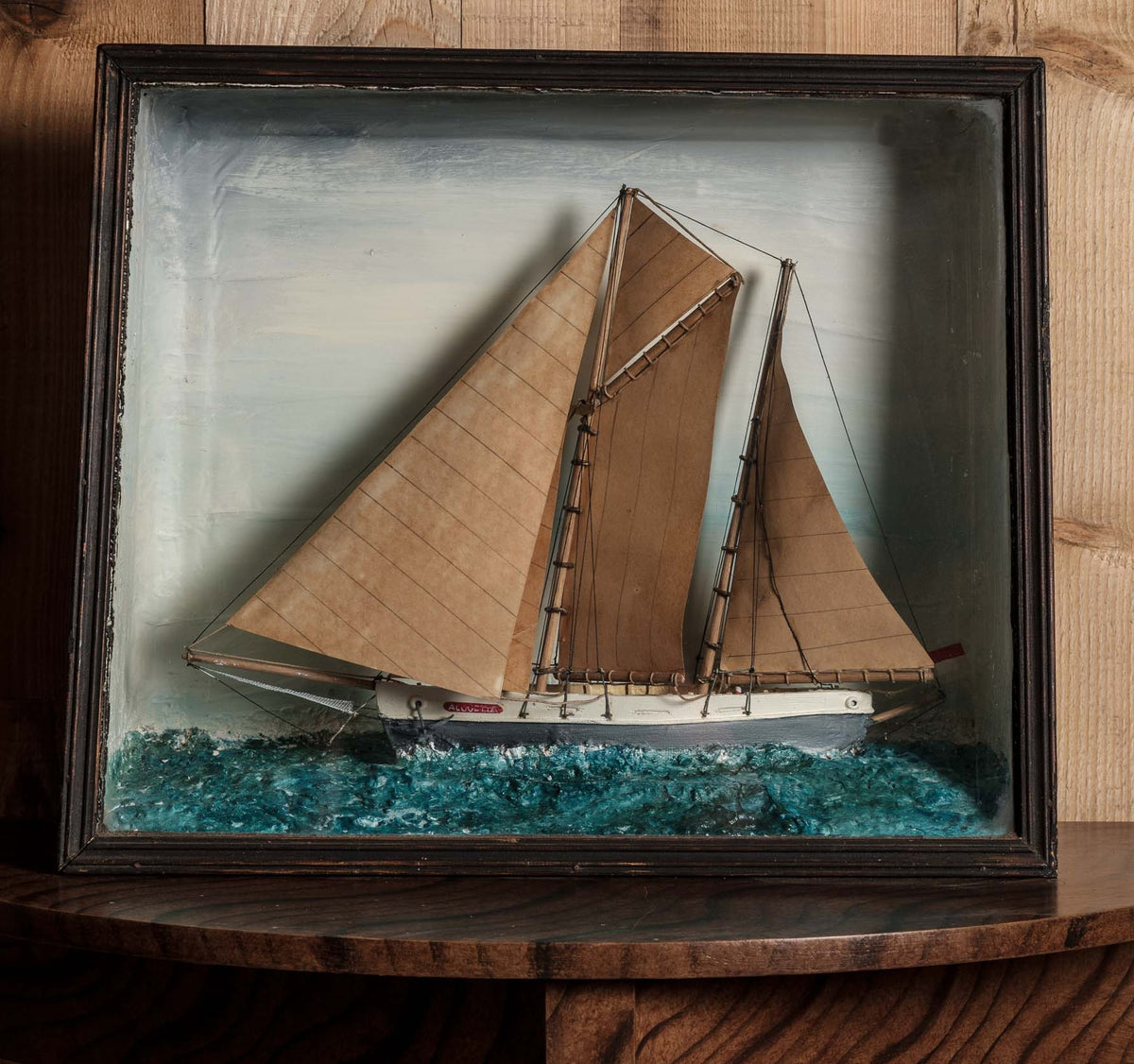 Cased Model of a twin masted sailing ship