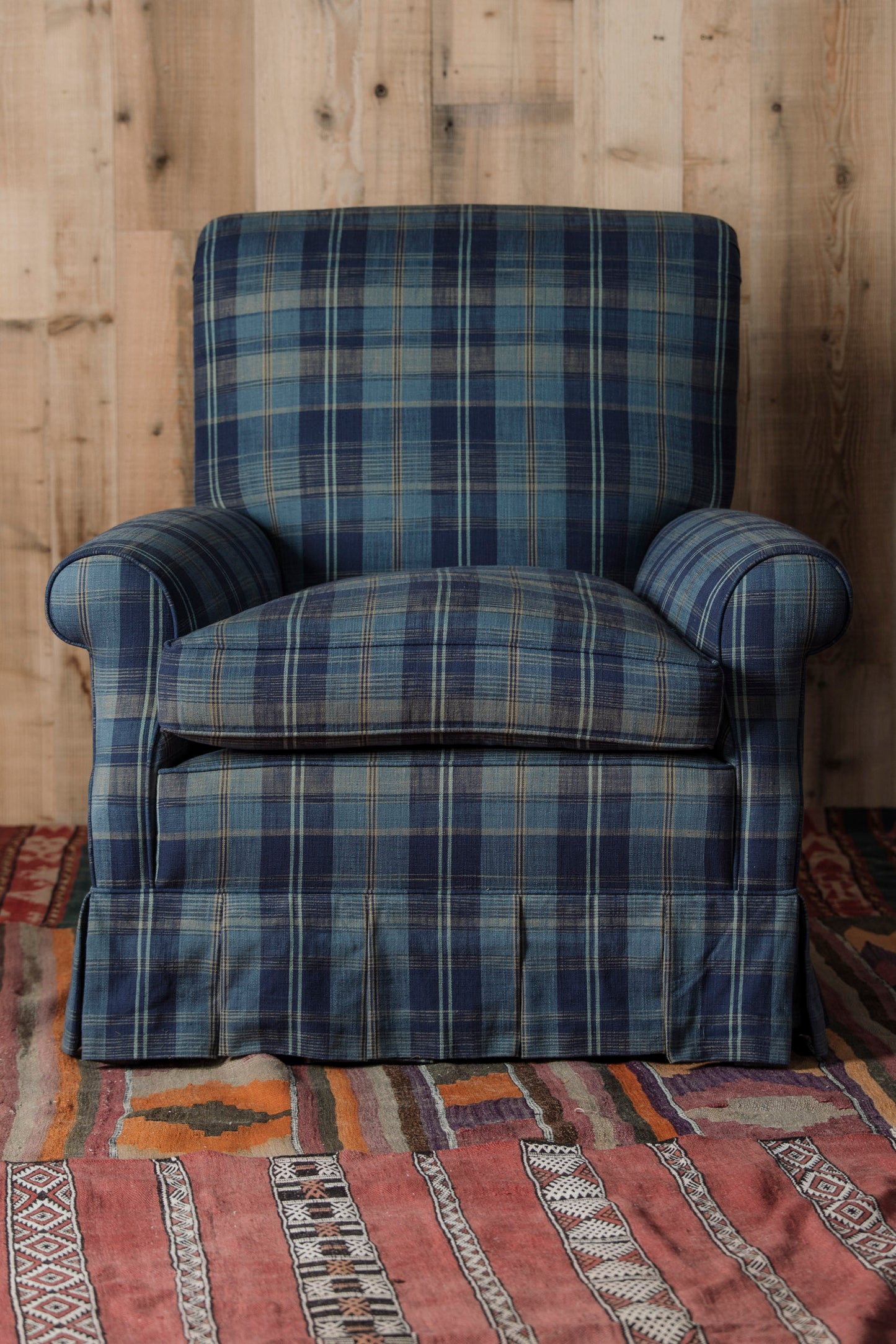 Large Upholstered Plaid Armchair