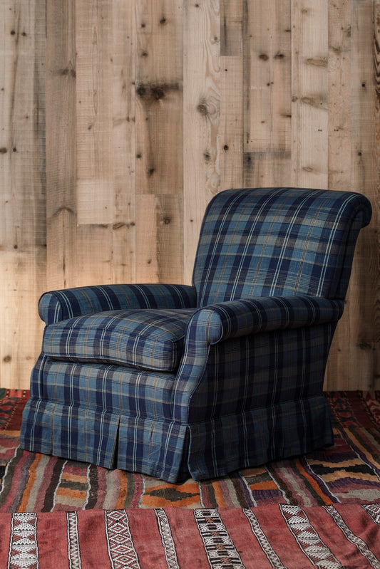 Large Upholstered Plaid Armchair