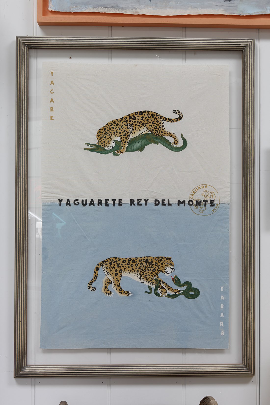 "Yaguarete" Large hand painted decorative flag framed